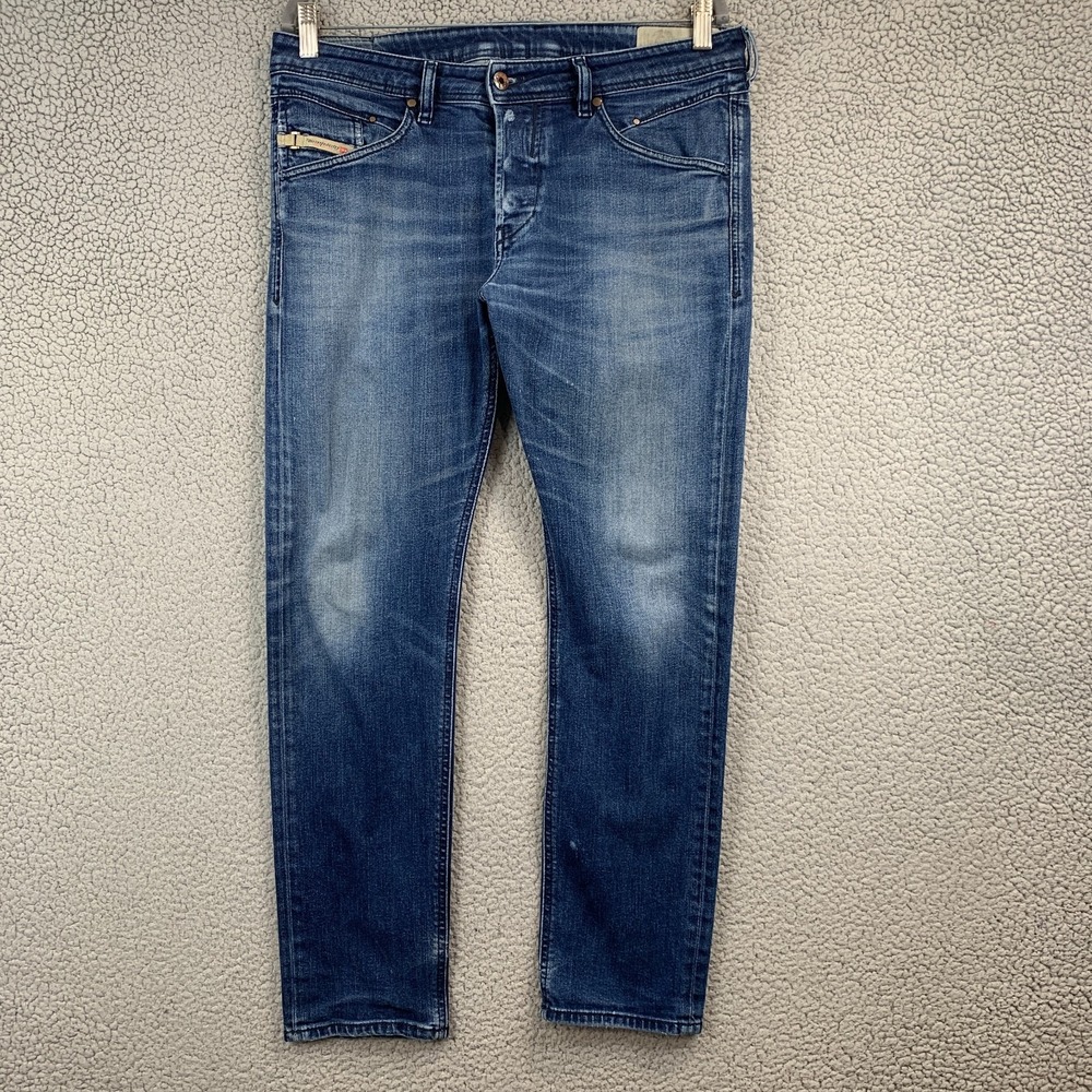 Diesel Belther Jeans Mens 33x30 Blue Regular Slim Tapered Button Fly Dark Wash